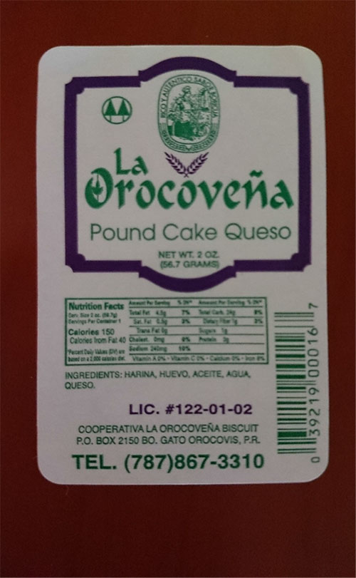 La Orocovena Biscuit Voluntarily Recalls Pound Cake de Queso Due to Undeclared Milk, Soy and Wheat